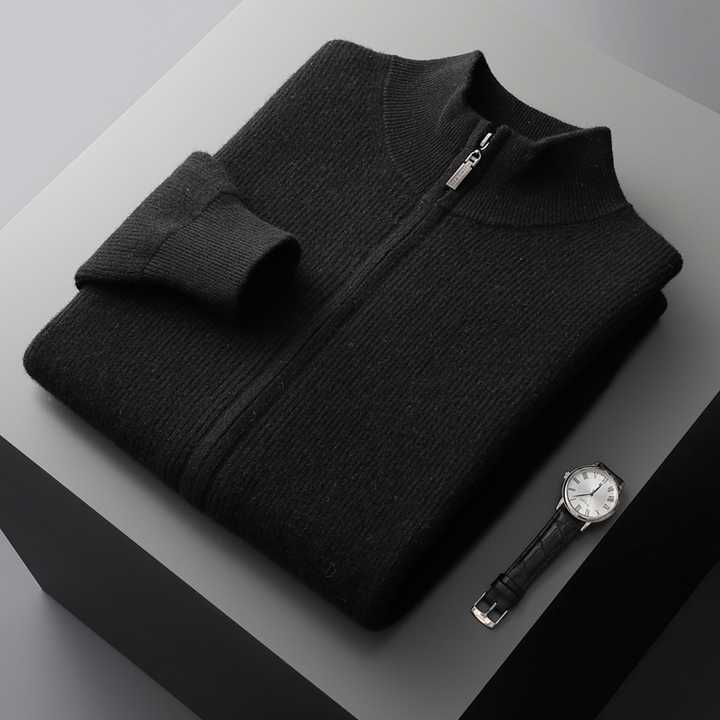Maison Donati | Men’s Cashmere Wool Full Zip Cardigan – Ribbed Stand Collar