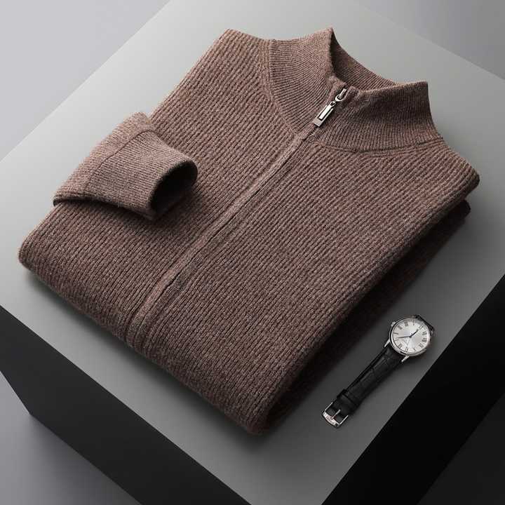 Maison Donati | Men’s Cashmere Wool Full Zip Cardigan – Ribbed Stand Collar