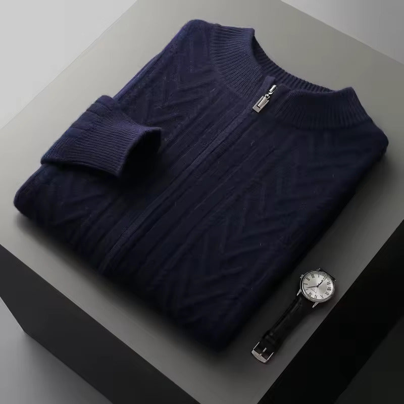 Maison Donati | Men’s Wool Textured Zip Cardigan – Chevron Knit Design
