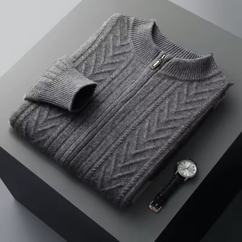 Maison Donati | Men’s Wool Textured Zip Cardigan – Chevron Knit Design