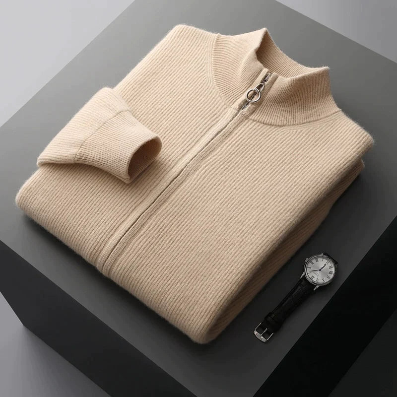 Maison Donati | Men’s Cashmere Wool Full Zip Cardigan – Ribbed Stand Collar