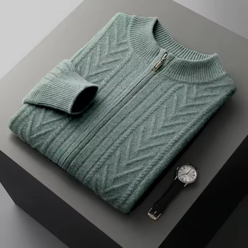 Maison Donati | Men’s Wool Textured Zip Cardigan – Chevron Knit Design