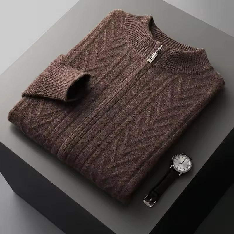 Maison Donati | Men’s Wool Textured Zip Cardigan – Chevron Knit Design