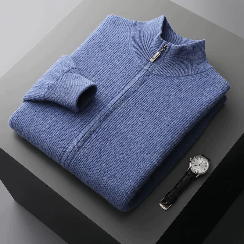 Maison Donati | Men’s Cashmere Wool Full Zip Cardigan – Ribbed Stand Collar