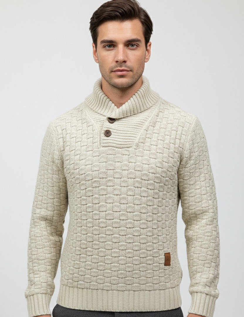 Maison Donati | Men’s Knitted Shawl Collar Sweater – Textured Rib Knit Pullover